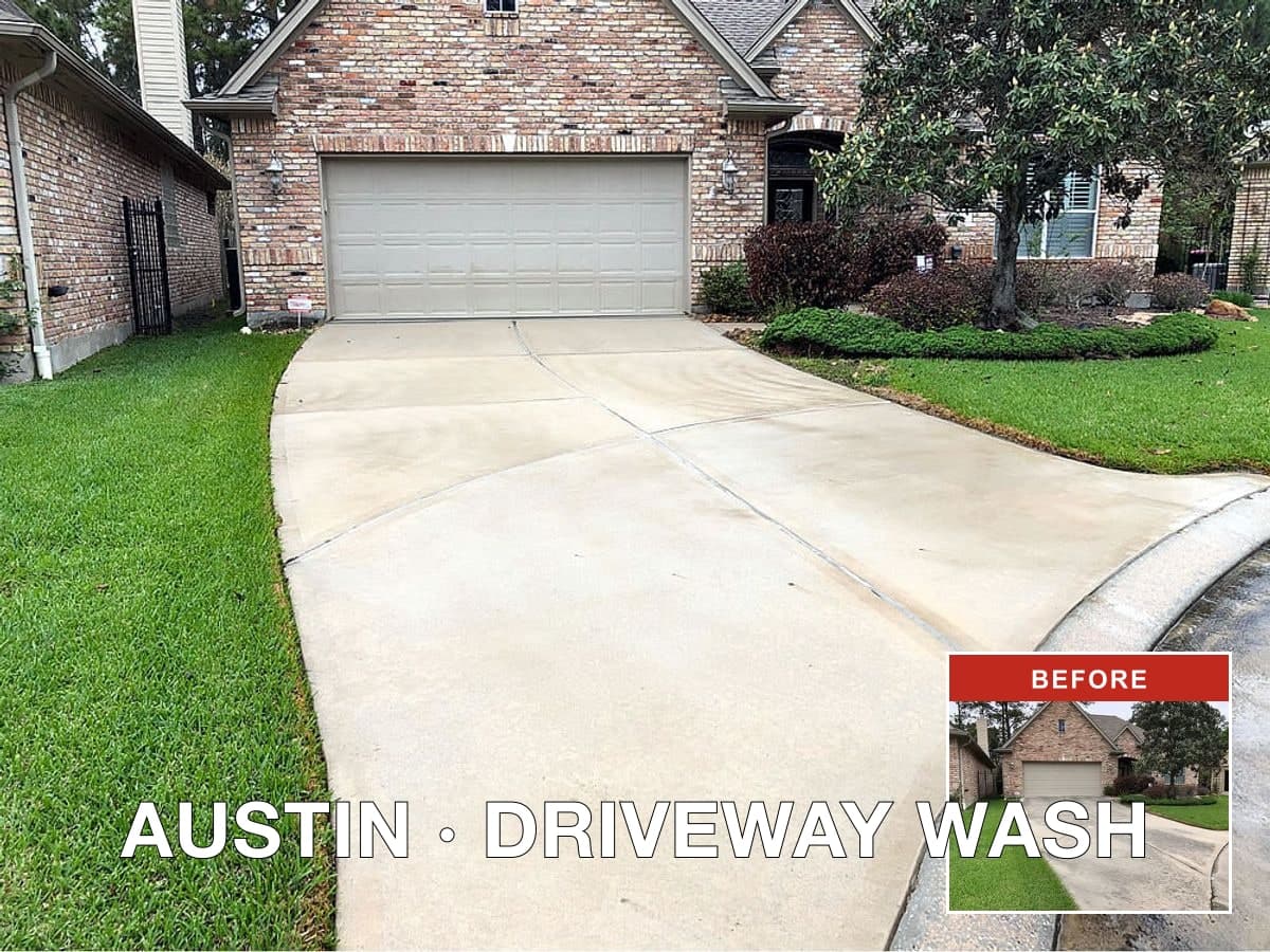 Brago-rendered before/after proof image of an Austin concrete driveway pressure wash, with the main after shot showing fresh light-grey concrete and a corner inset of the stained before state.
