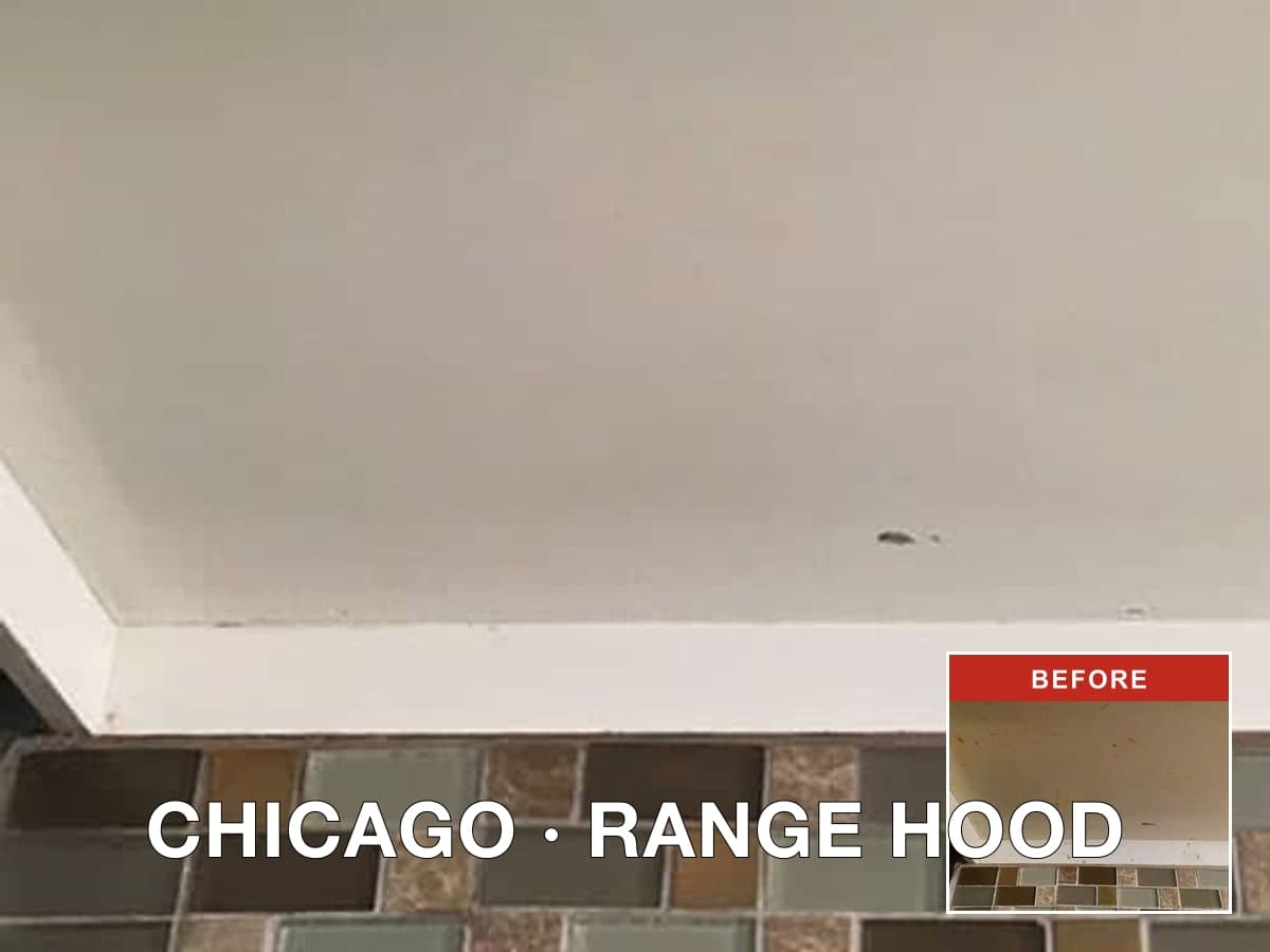 Brago-rendered before/after proof image of a Chicago kitchen range hood degrease, with the main after shot showing a spotless stainless hood and a corner inset of the grease-caked before state.