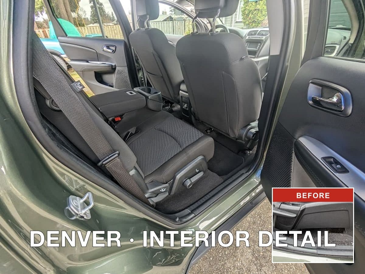 Brago-rendered before/after proof image of a Denver SUV interior detail, with the main after shot showing a clean dashboard and seats and a corner inset of the dusty before state.